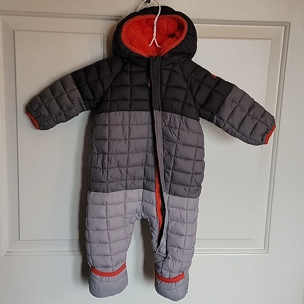 Snozu infant snowsuit, 3-6 months. Different shades of gray with orange lining.